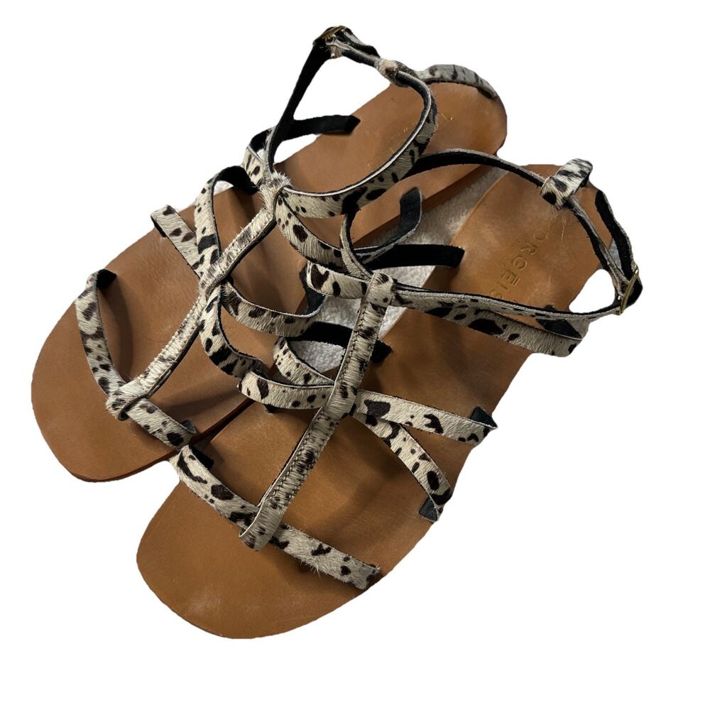 Torgeis Women's 8 New York Cream Black Leather Animal Hair Strappy Flat Sandals